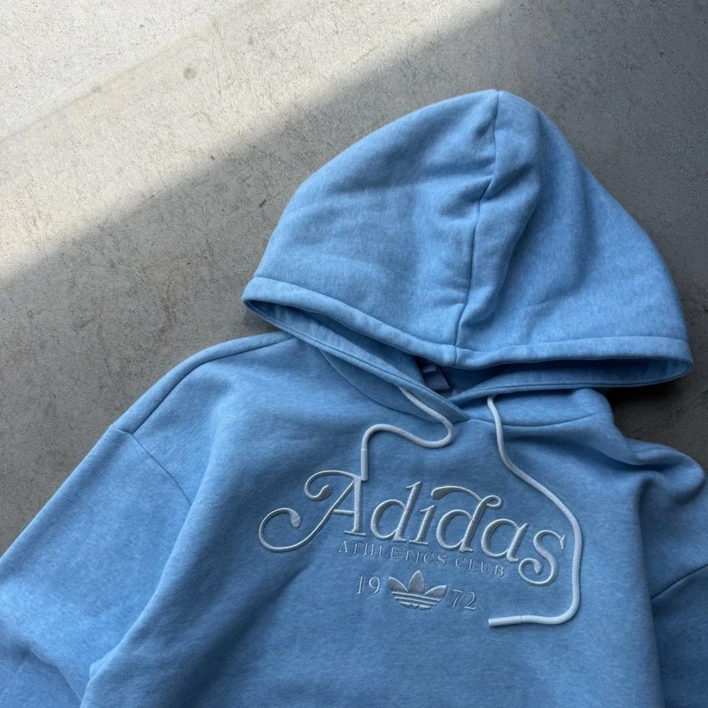 Y2K Mens Adidas Athletics Club 1972 Trefoil Embroidered Hoodie Light Blue XS